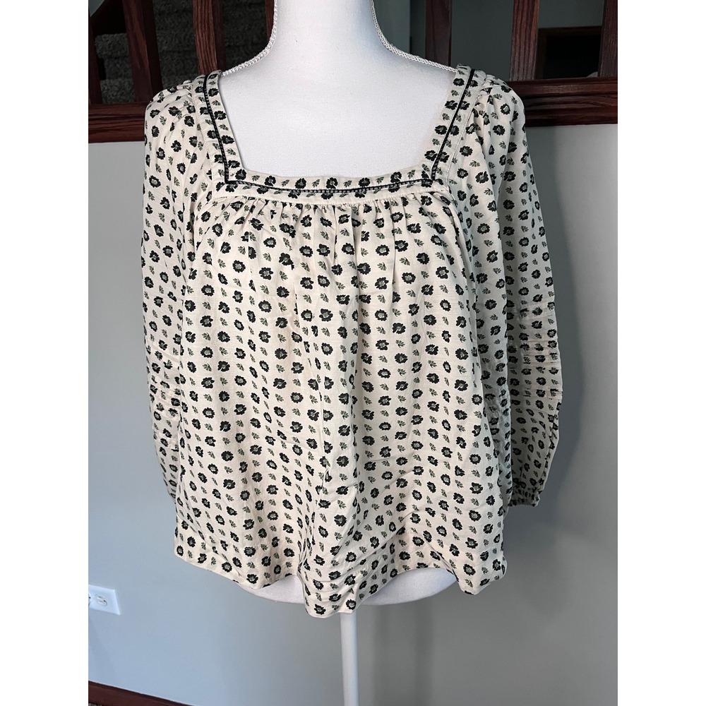 Madewell Floral Block Print Square Neck Pintuck Blouse Cream Black Small